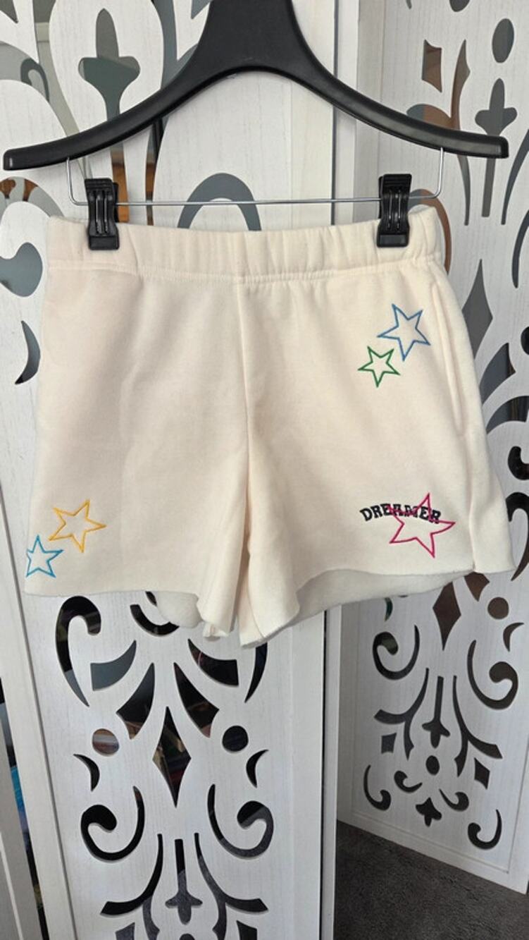 No Comment Womens M White Sweat Shorts Dreamer Embroidered Stars Raw Hem